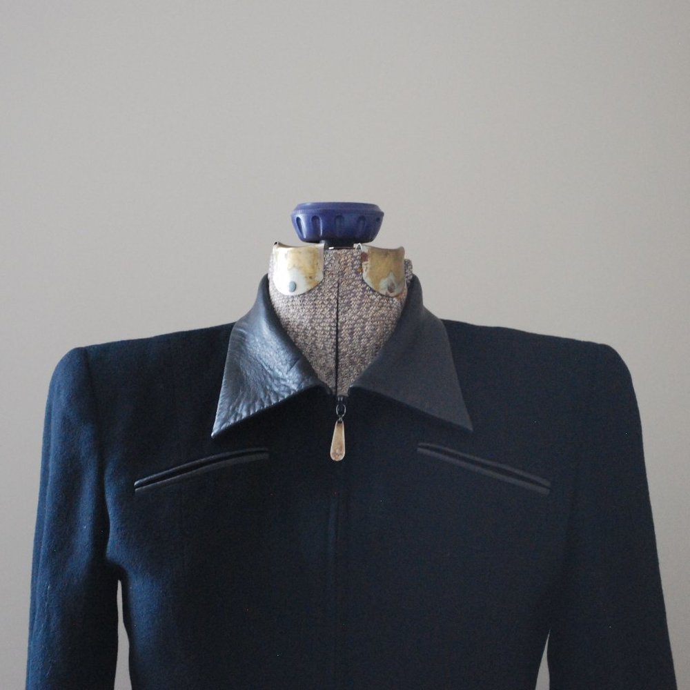 Cropped black wool Blazer w/ leather detailing